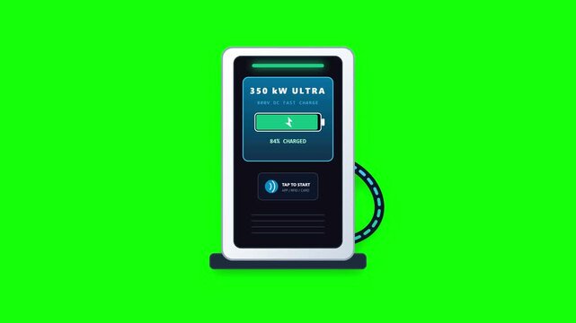 Electric vehicle charging station animation displaying battery percentage status on green screen chroma key background motion footage