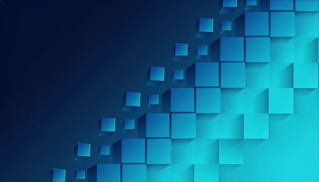Abstract geometric cube pattern cyan and blue, digital staircase with glowing stacked blocks, dimensional depth, luminous highlights, symmetry, and futuristic technological atmosphere for modern