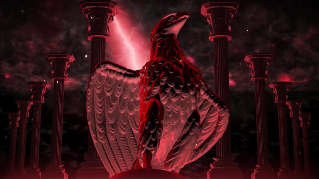Lone Red Eagle Statue with Spread Wings in a Column Hall Loop