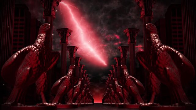 Avenue of Red Eagle Statues and Columns Toward a Glowing Horizon Loop