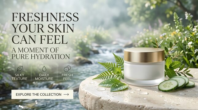 Natural cosmetic cream jar with cucumber on stone platform for banner advertisement