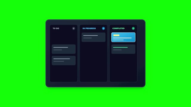 Kanban board interface animation showing task management workflow moving items into completed status on green screen video footage