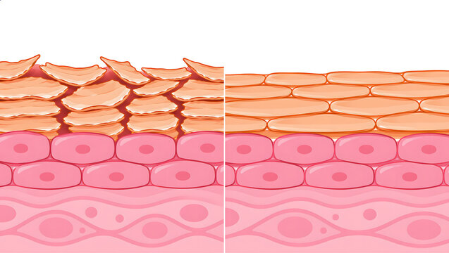 Damaged vs healthy skin barrier comparison with dry flaky and smooth hydrated skin