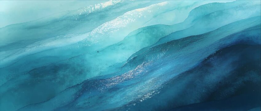Abstract blue watercolor wave texture with layered turquoise, cyan, and deep navy strokes creating fluid ocean background, calm movement, luminous depth, and subtle sparkling detail