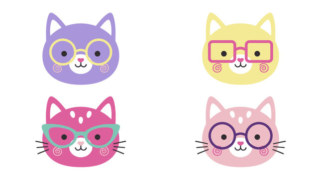Cute cat faces wearing colorful eyeglass frames.