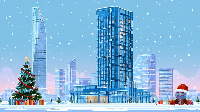 Modern skyscrapers and illuminated holiday tree decorated for winter christmas celebration in vector cartoon city illustration