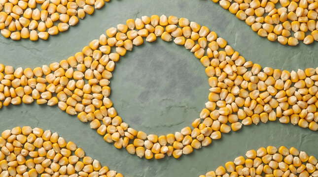 A top down view of raw bi-color sweet corn kernels arranged in a geometric circle on a green textured surface