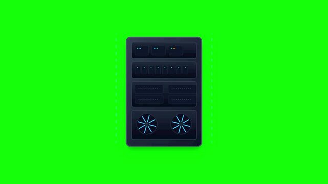 Computer tower server unit working with blinking LED indicator lights and spinning cooling fans in motion video footage