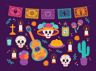 Naklejka na ściany i meble Dia De Los Muertos holiday elements and symbols collection. Day Of The Dead decorative set. Flat style vector illustrations of traditional Mexican holiday