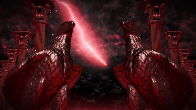 Mirrored Red Eagle Statues Between Columns with Lightning Loop