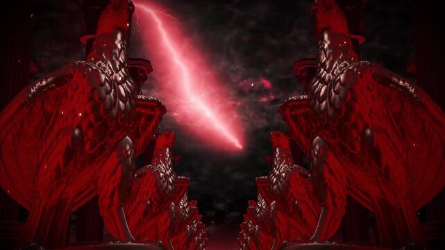 Symmetric Rows of Red Eagle Statues Under a Stormy Sky Loop