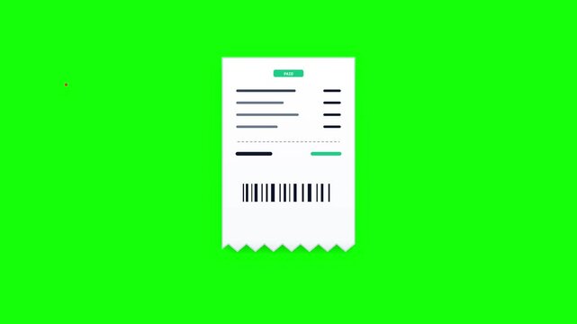Digital receipt animation with paid stamp and barcode displayed on a bright vibrant green chroma key background motion footage