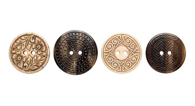 Four large carved buttons made of bone and horn with floral, celtic and geometric patterns, vintage sewing buttons