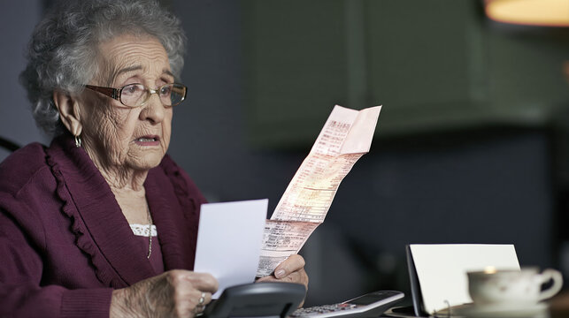 An elderly woman in glasses reviews her utility bill at the kitchen table. Concerned but composed, she sits near a calculator and tea cup, highlighted by soft morning light.