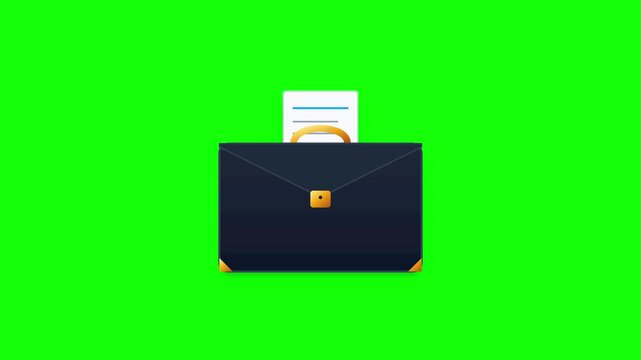 Briefcase icon animation with documents inside featuring vibrant colors against bright green background footage