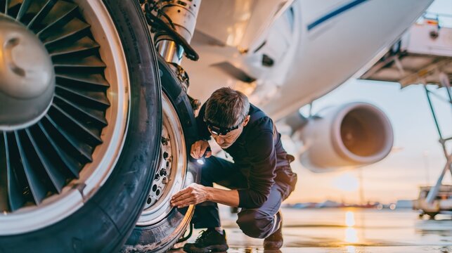 Aviation mechanic inspects jet landing gear tire at sunrise. Detailed close-up highlights technical safety and maintenance work on damp tarmac.