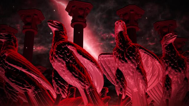Low Angle Group of Red Eagle Statues with Spread Wings Loop