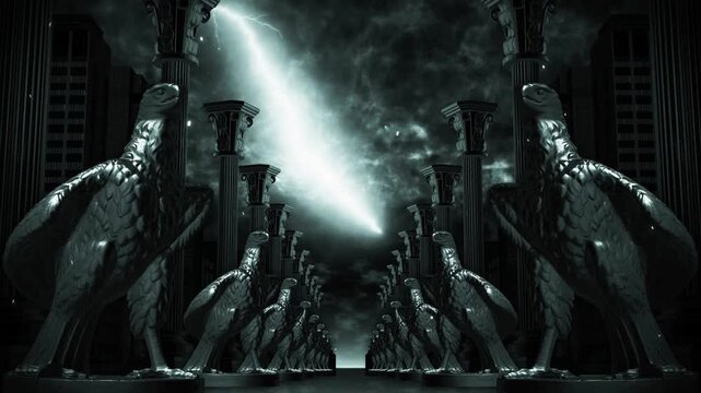 Avenue of Monochrome Eagle Statues and Columns Toward Light Loop