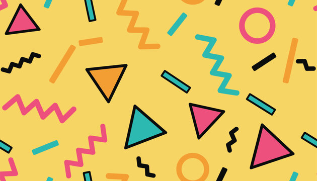 Retro Memphis style seamless pattern featuring geometric shapes, zigzags, and colorful triangles on a yellow background.
