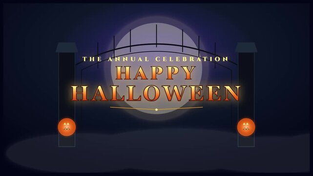 Happy Halloween spooky seasonal greeting text animation with glowing full moon and eerie gate video footage