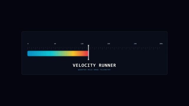 Velocity runner telemetry interface displaying speed data metrics and color progress bar in motion video footage
