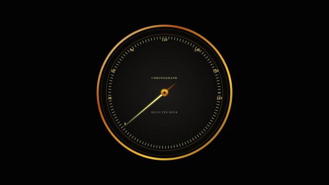 Golden chronograph speedometer graphic tracking speed with glowing needle pointer on dark background video motion