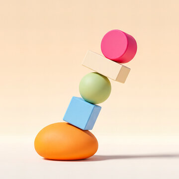 Colorful geometric shapes stacked in a precarious vertical tower formation