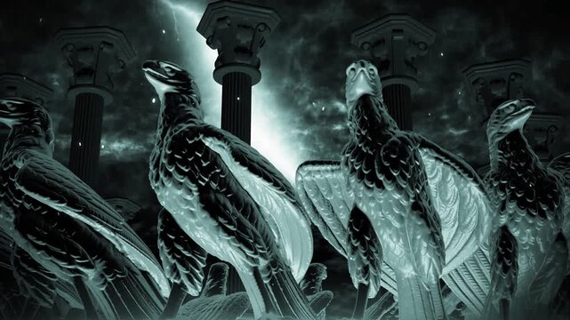 Low Angle Group of Monochrome Eagle Statues with Spread Wings Loop