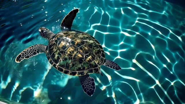 Sea Turtle Swimming in Clear Turquoise Water With Sunlight Reflections, Marine Animal drwx