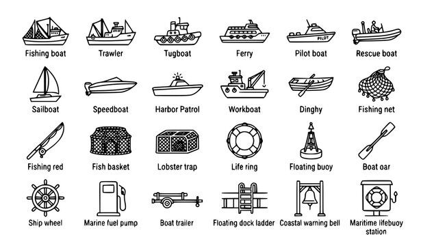 Fishing Boats and Coastal Harbour Thin Line Icon Set Editable Vector