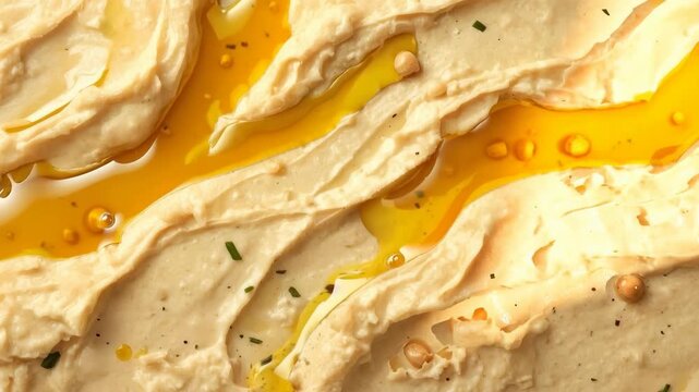 Creamy Hummus Dip with Olive Oil, Chickpea and Herb Garnish on Flatbread Food