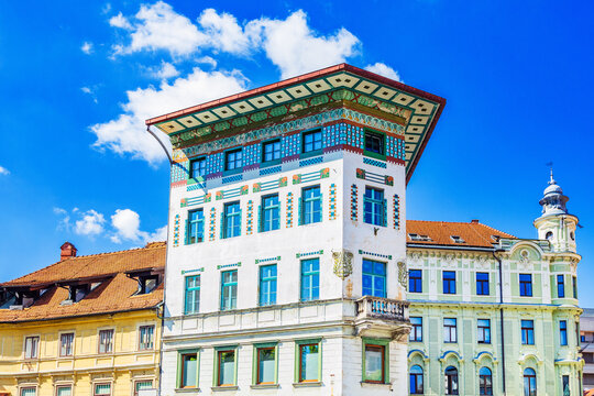 Historic Colorful Art Nouveau Building in Ljubljana City Center, Slovenia 