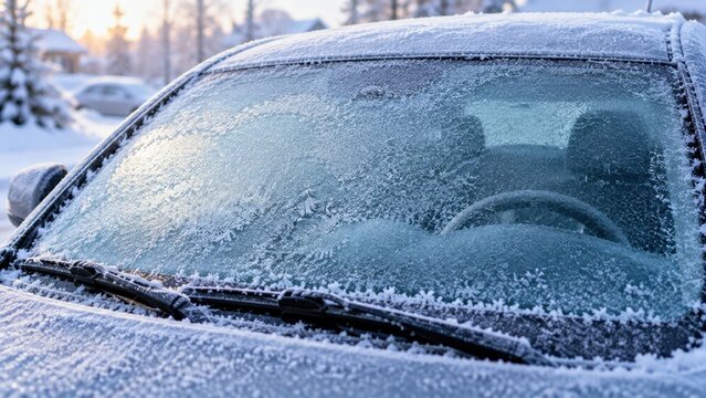Frozen car windshield covered with thick ice, frost and snow during cold winter weather outdoors.