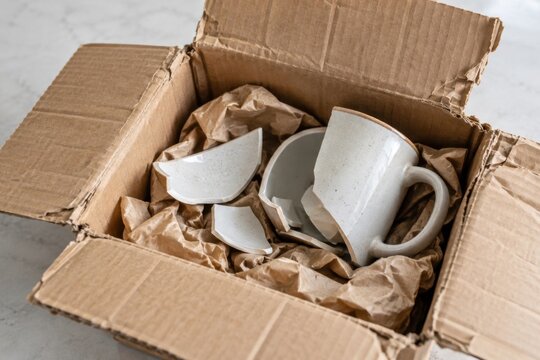 Broken ceramic mug and bowl packed inside a damaged cardboard shipping box with crumpled paper.
