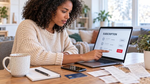 Black Woman Canceling Online Subscription on Laptop for Personal Finance and Budget Management