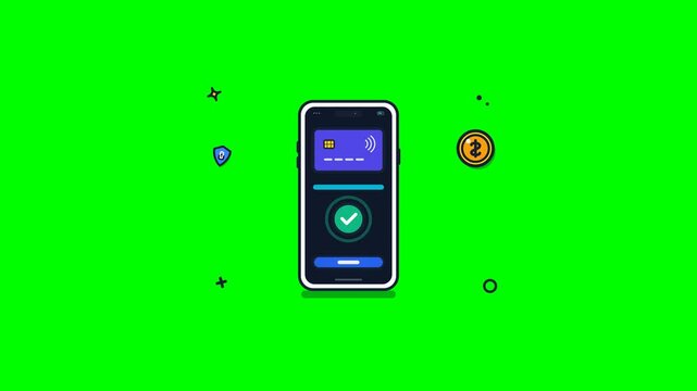 Premium 4K flat vector commercial animation of a modern business smartphone executing a digital fintech payment with contactless card, verified checkm.