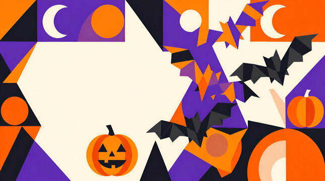 Abstract geometric Halloween banner background with low poly bats, jack-o-lantern pumpkins, and crescent moons.