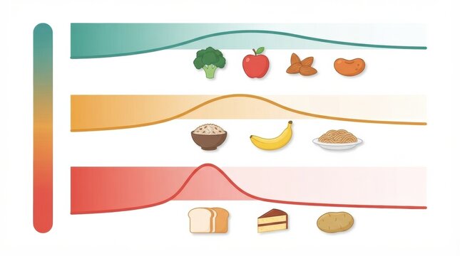 Visual shows blood glucose spikes from different foods, important for diabetes management and monitoring.