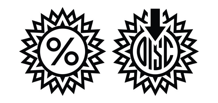Two black starburst discount one with a percent symbol and one with the word disc and an arrow, on a white background