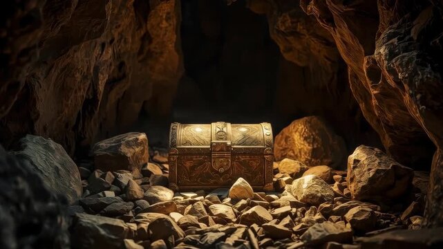 Ancient Treasure Chest in Dark Cave Among Rugged Rock with Warm Dramatic Light and Mystery