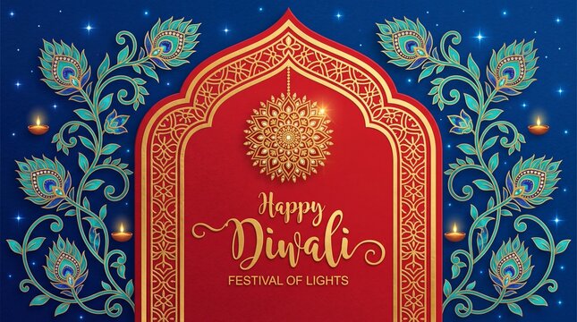 Diwali, Deepavali or Dipavali the festival of lights india with gold diya patterned and crystals on paper color Background
