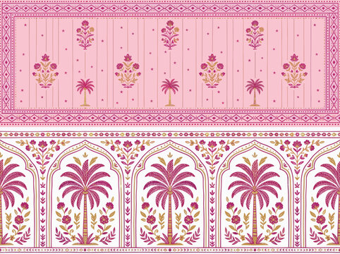 Indian Mughal Floral Pattern Seamless Border with Palm Tree and Arch Motif in Pink Gold Ethnic Block Print Style for Textile Design