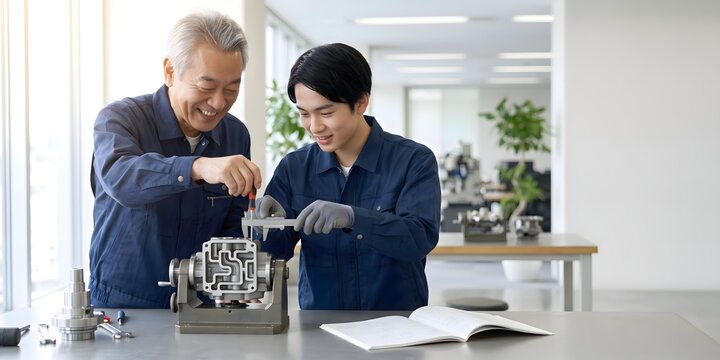 ベテラン技術者が若手に笑顔で精密機器の測定・組立を指導する製造現場、技術継承とOJT成功の比較アフター用イメージ素材