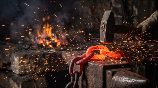 Traditional blacksmith forging glowing hot metal chain on anvil, hand hitting red hot iron with hammer in workshop