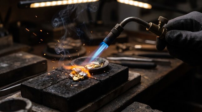 Jeweler soldering gold metal with gas torch burner, artisan goldsmith working in workshop, craft metalwork repair close up