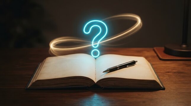 Glowing neon question mark floating above open vintage book on wooden table