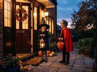 Obraz premium Two Children In Witch And Vampire Costumes Trick Or Treating At Decorated Front Door With Pumpkins And Lantern On Halloween Evening