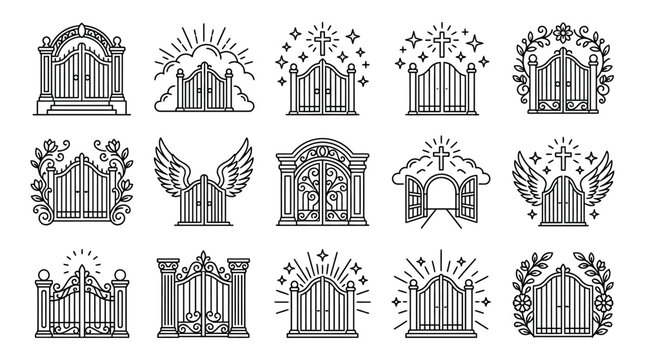 Christian heaven gates icon set with crosses and wings in line art style