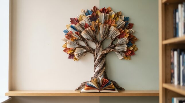 Tree of knowledge sculpture made of books with autumn colored leaves on shelf