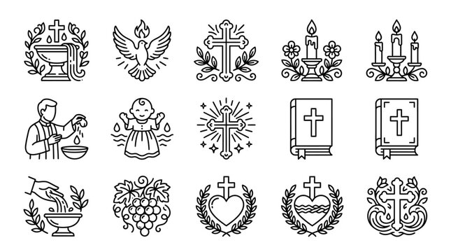 Christian religious icons set featuring crosses and baptism symbols